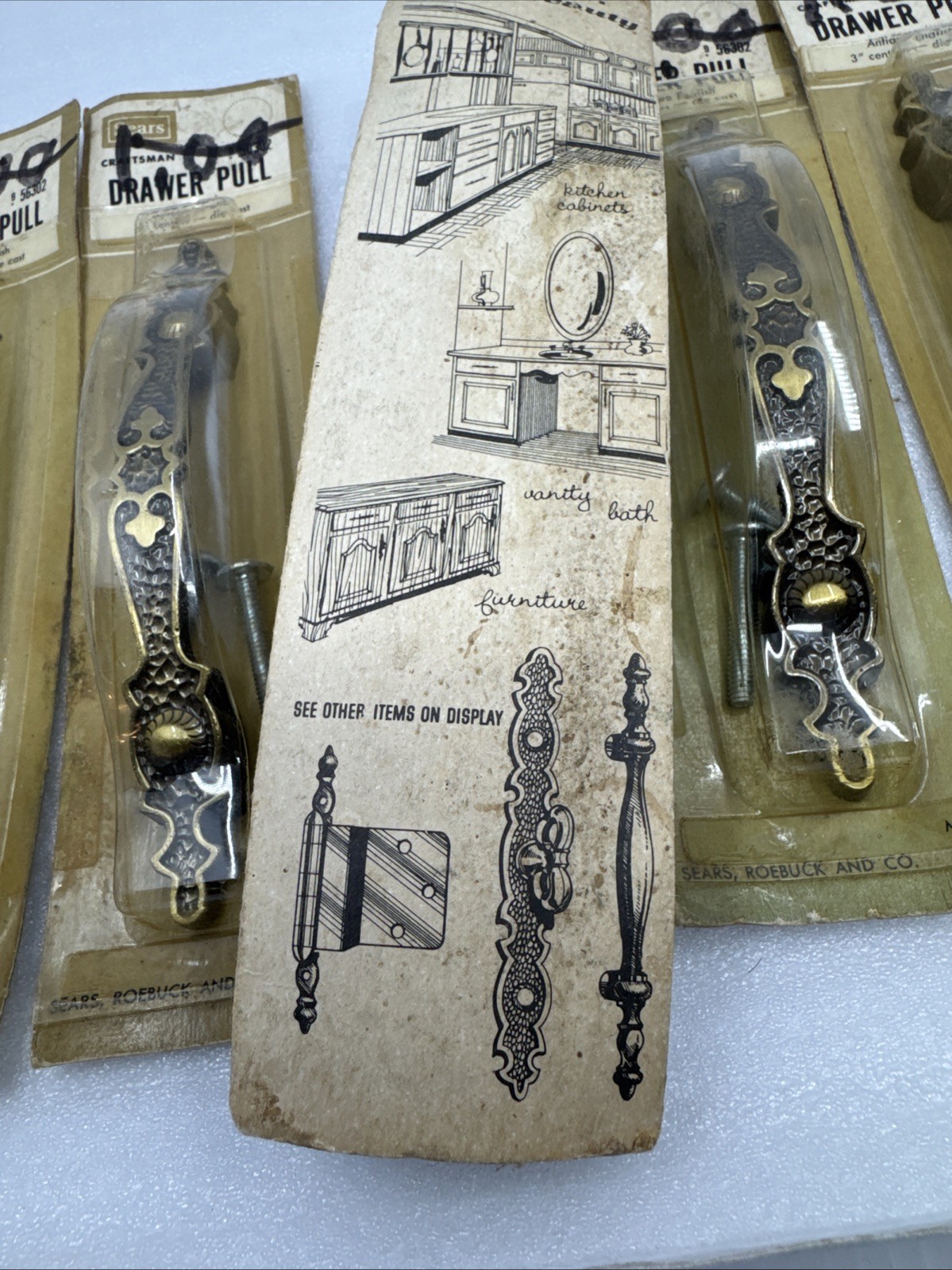 Lot Of 7 Vintage Sears Craftsman Die-Cast Drawer Pulls Antique English 3” Center