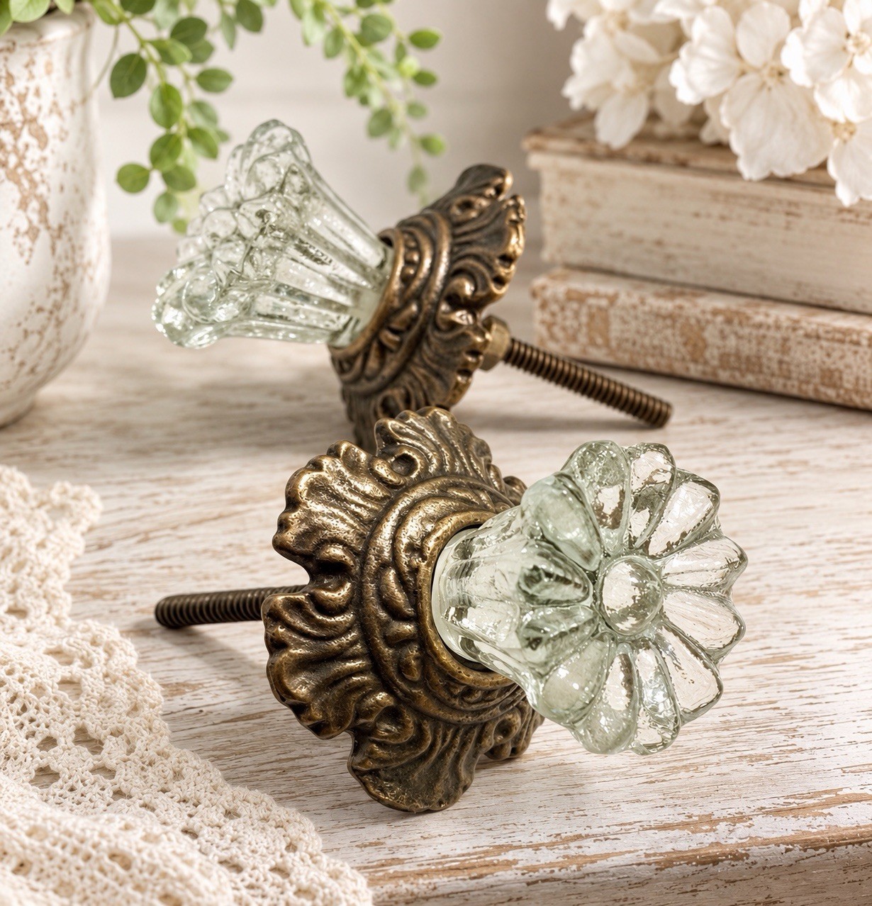 2 Antique Brass w/Glass Drawer Pulls Hardware Handles Vintage Cabinet Door Knob