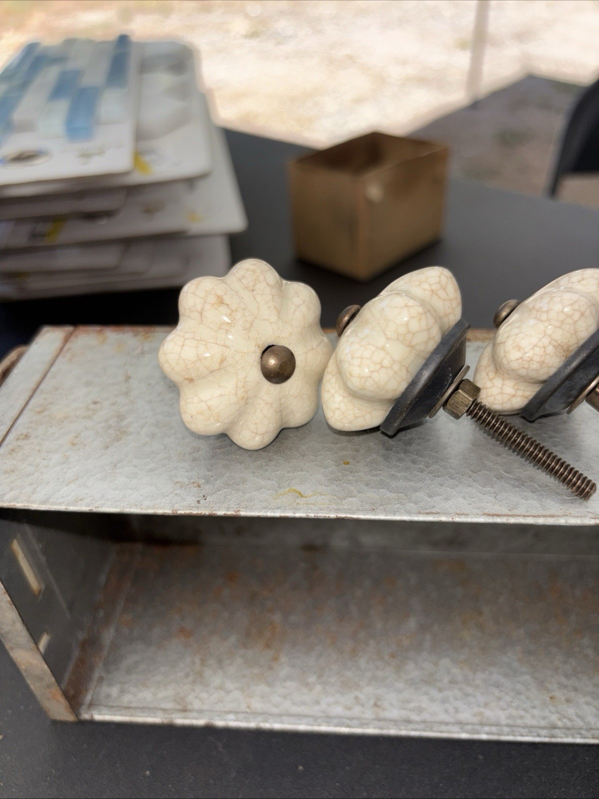 3-Vtg Beige Crackled Floret Pumpkin Porcelain Drawer Cabinet Pull Hardware