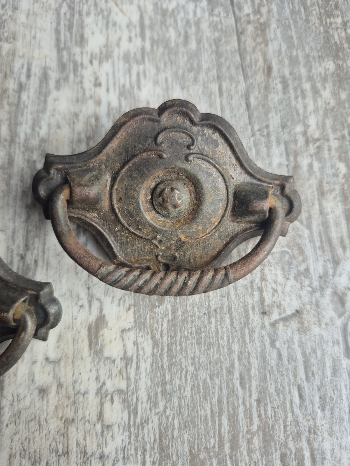 2 Vintage Antique Ornate Drawer Drop Bail Pull Pressed Steel