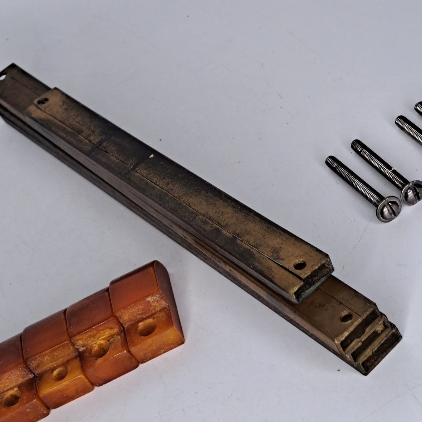4 Antique ART DECO Butterscotch Bakelite Brass Plated Bar Drawer Pulls Reclaimed