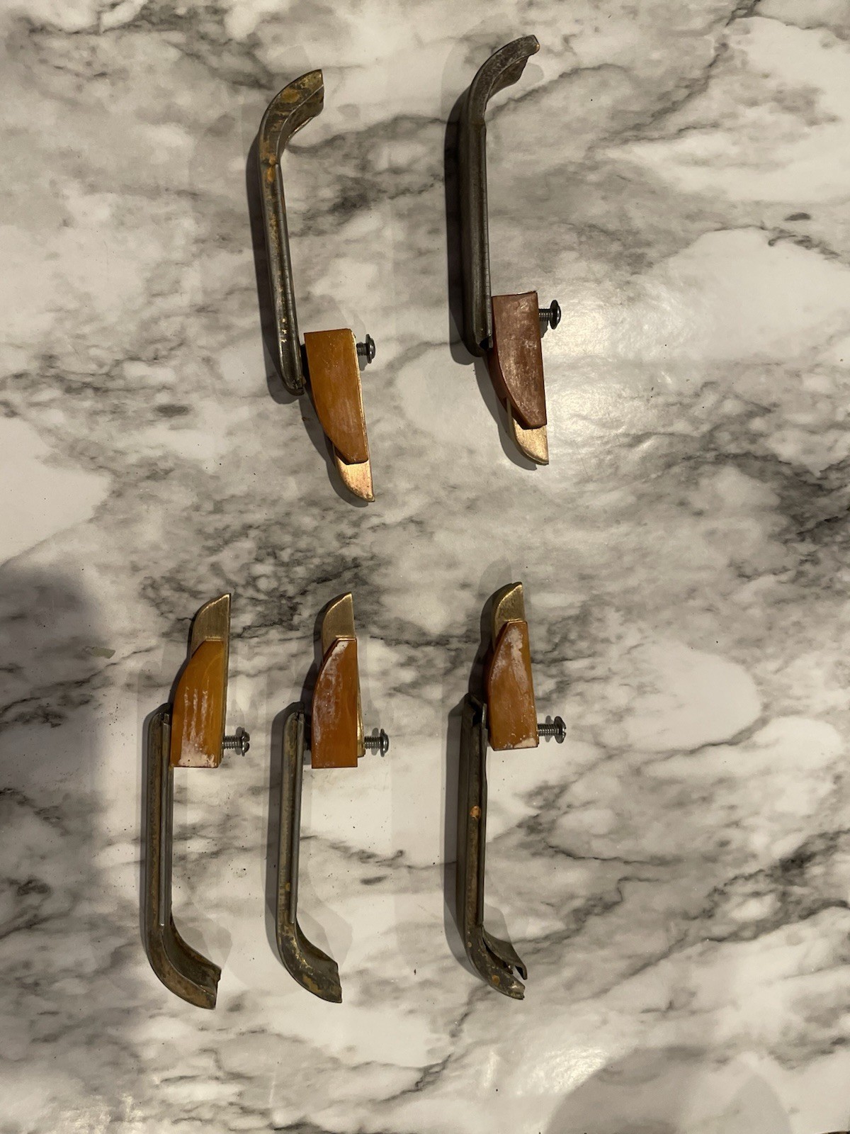 4 Art Deco Antique Amber Bakelite Brass Metal Drawer Pulls, Vintage Hardware