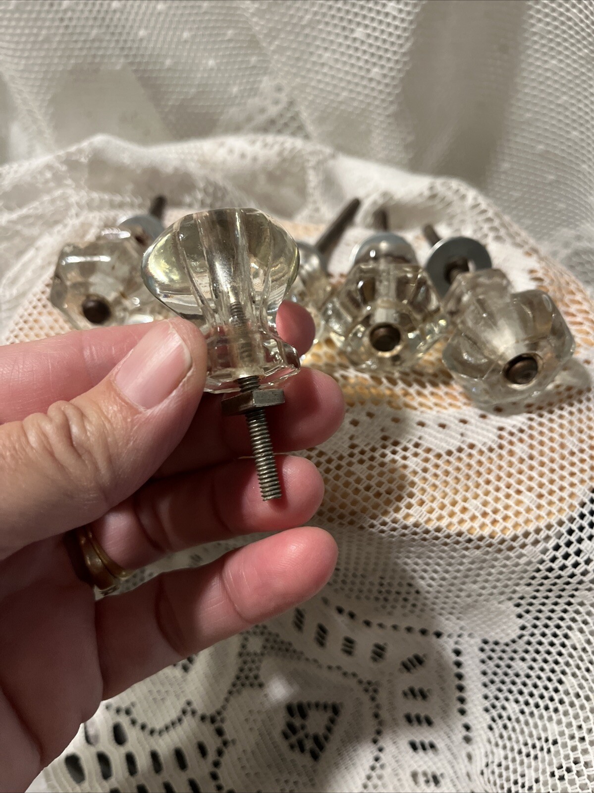 5 Vintage Antique Clear Glass Hexagon Dresser Drawer Cabinet Pulls Knob 1 1/2″