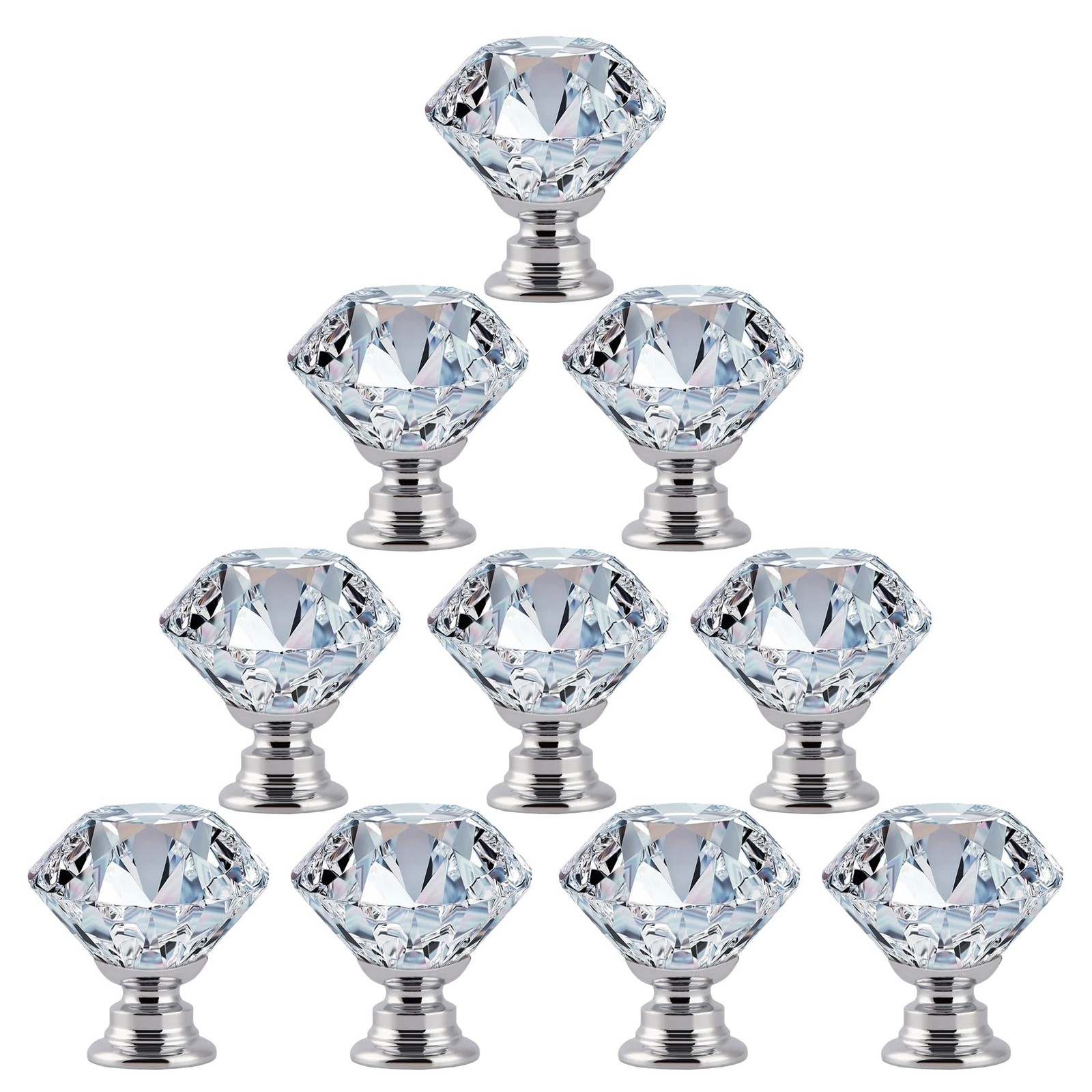 10 Pcs 30MM Kitchen Cabinet Knobs and Drawer Pulls – Silver Glass Crystal Kno…