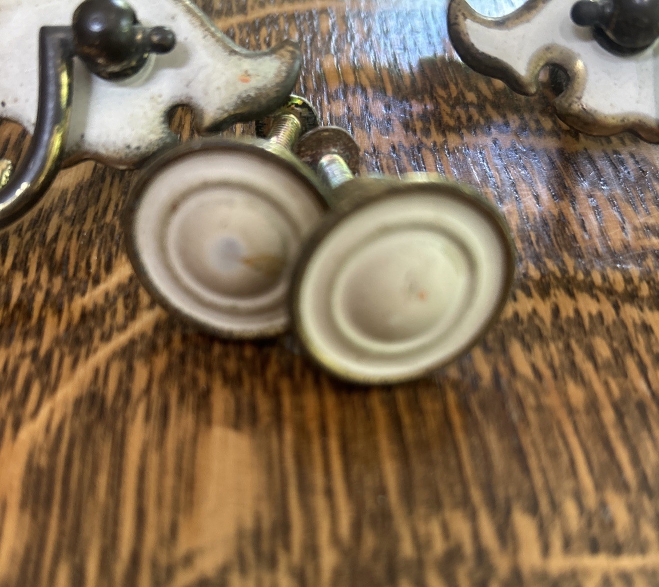 Vintage Pull Handles 2-1/2″ Centers White On Brass 1960s