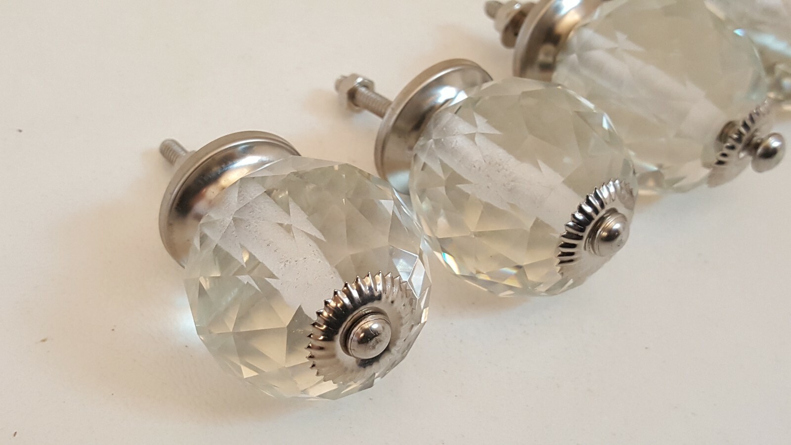 6 FACETED CUT GLASS DRAWER PULLS CLEAR MATCHING LARGE 1 3/4″ WIDE BALL