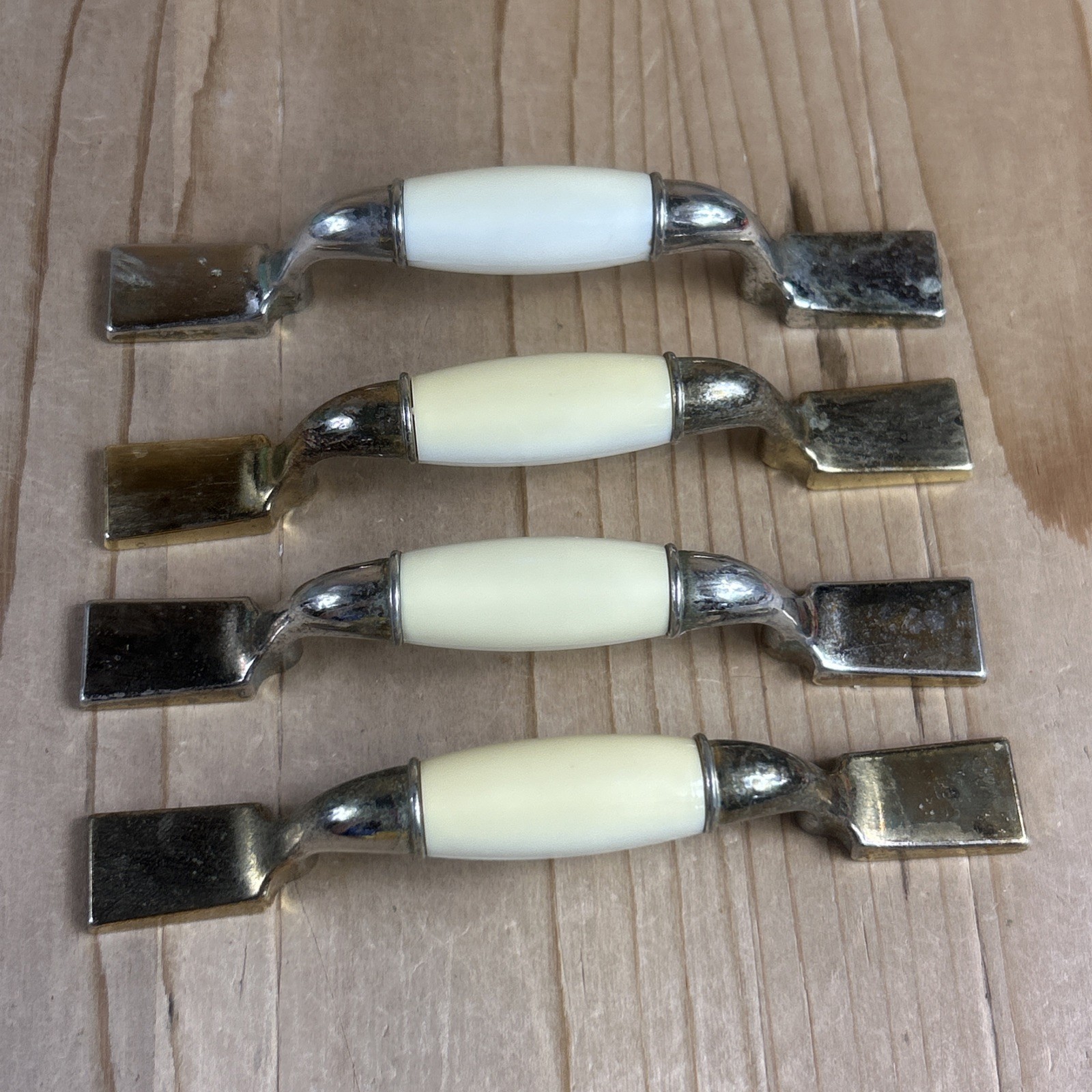 Vintage Drawer Pulls Cabinet Handles Set of 12 Beige Ceramic Center 5.5” Brass