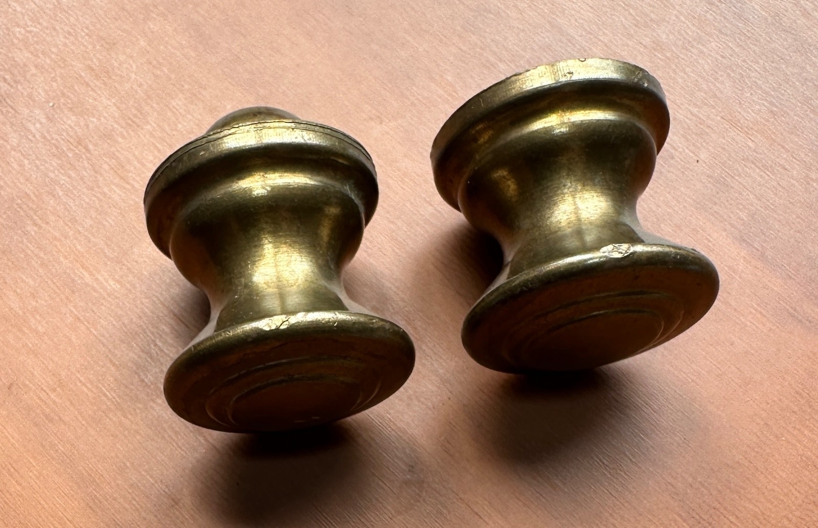 Pair Vintage Small Solid Brass Desk, Dentist Chest, Tool Box Drawer Knobs 3/4″