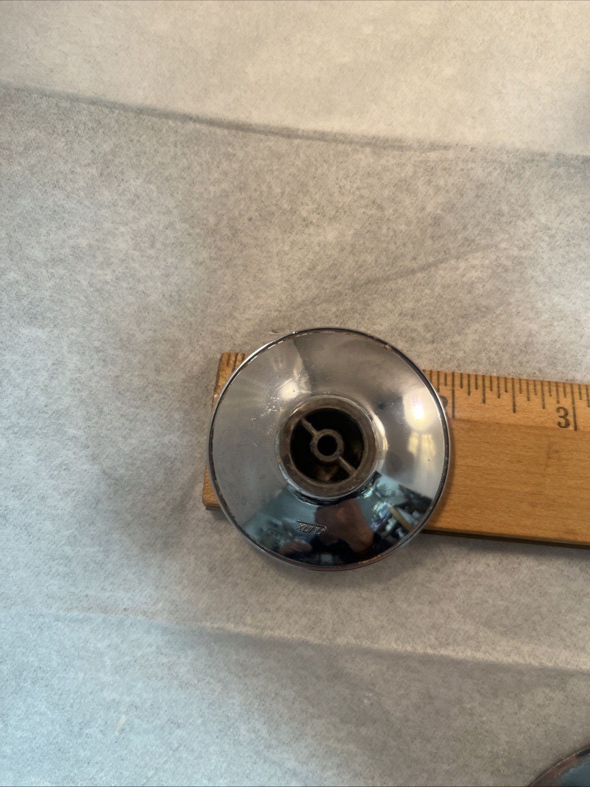 4 Vintage AJAX Shiny Chrome Beveled Concave 2″ Round Knobs & 2.75” Back Plates