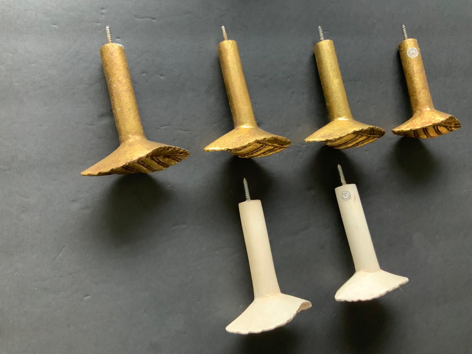 Set of Antique Painted Bin Dresser Drawer Pulls lot of 6 (4 gold 2 white)