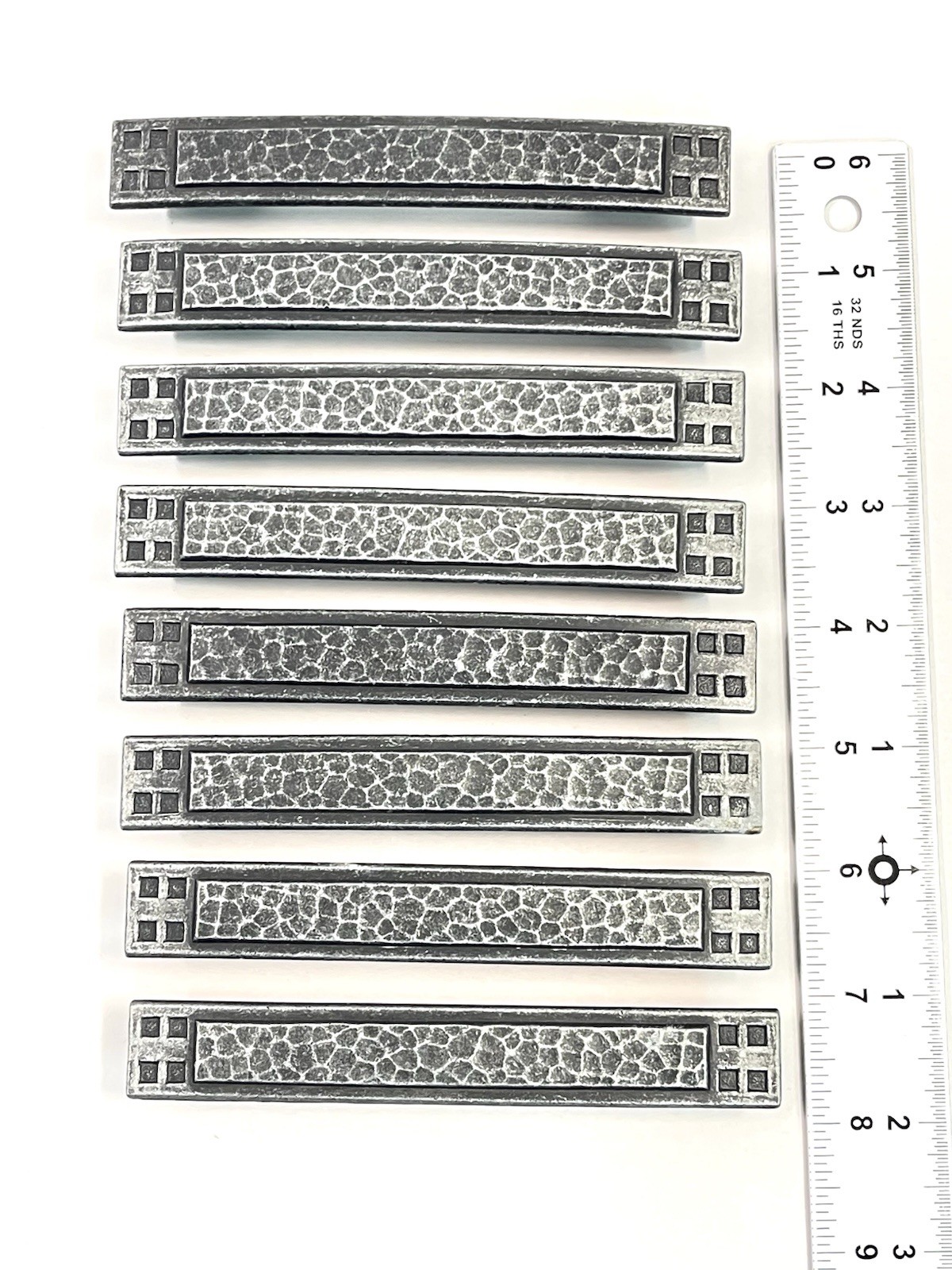Set Of 8 – Keeler Brass Company Vintage Drawer Pulls, Brutalist Hammered Pewter