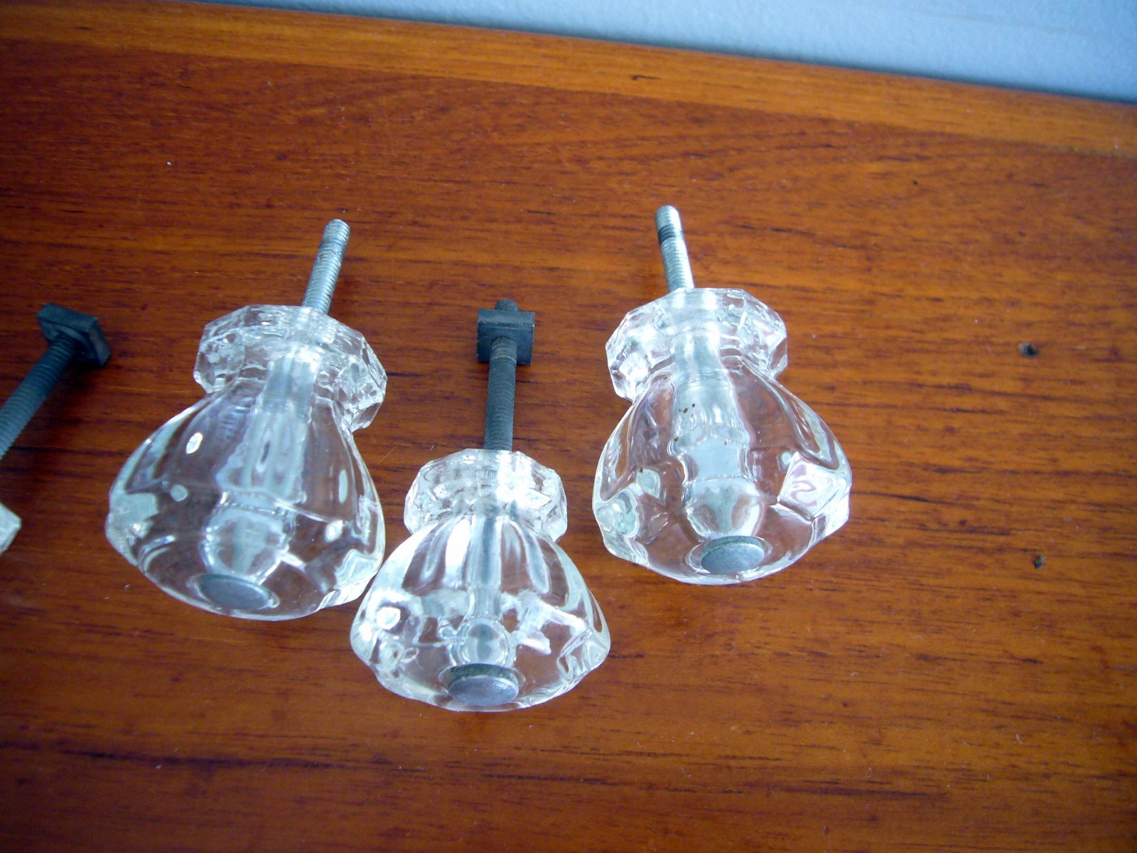 6 Vtg Depression Style mix Hexagon Flower Clear Glass Drawer Cabinet Knob Pulls
