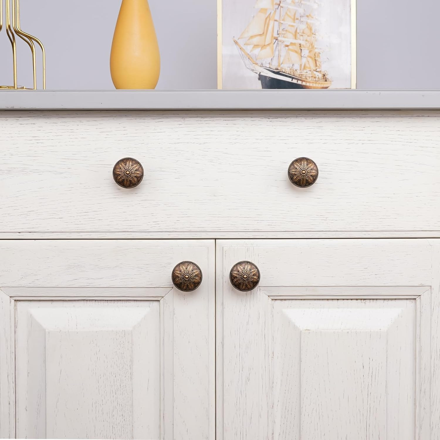 4 Pack Antique Brass Cabinet Knobs Vintage Dresser Knobs Drawer Knobs,1.4″ round