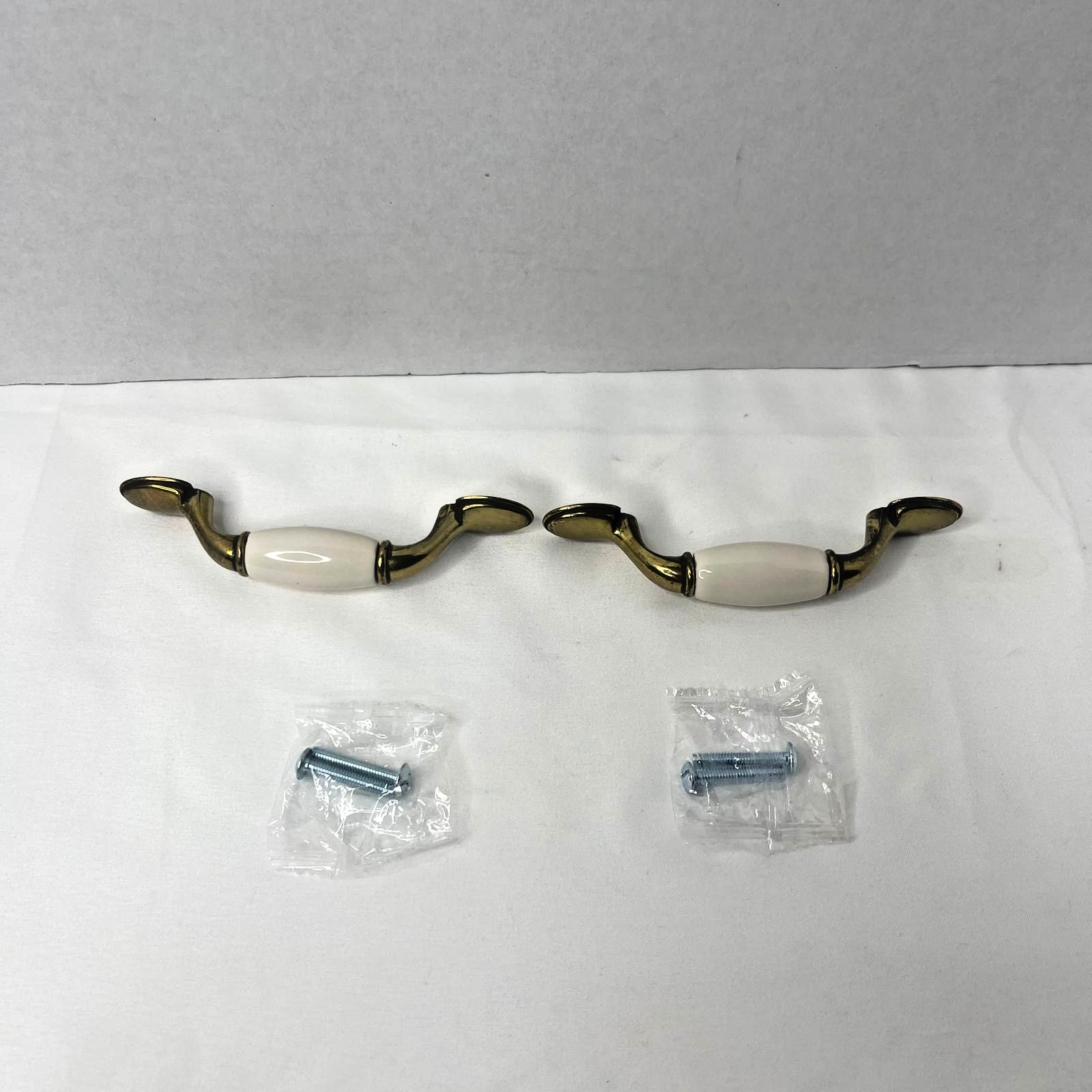 Set of 2 Vintage Drawer Pulls Brass & Off- White Ceramic Handles w Screws