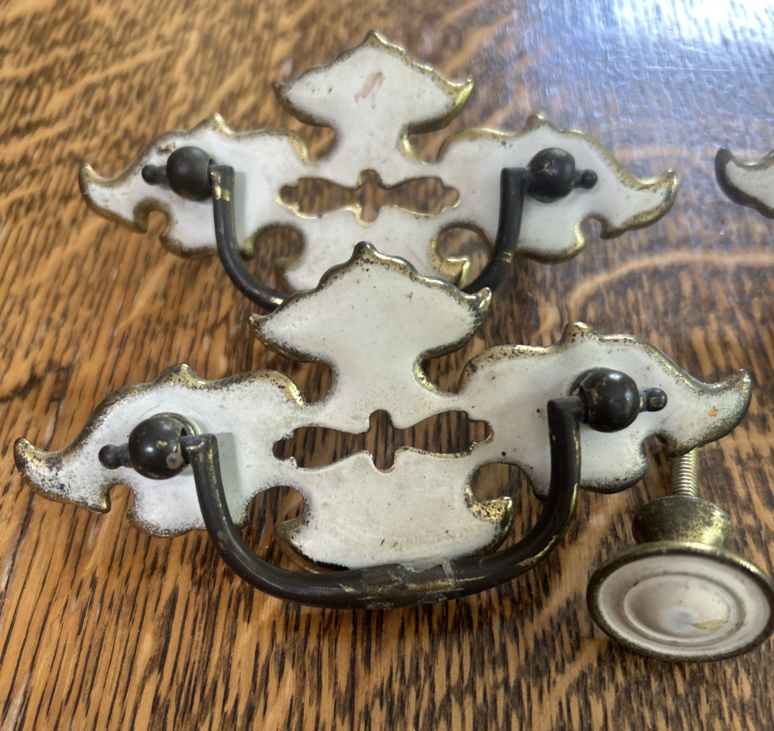 Vintage Pull Handles 2-1/2″ Centers White On Brass 1960s