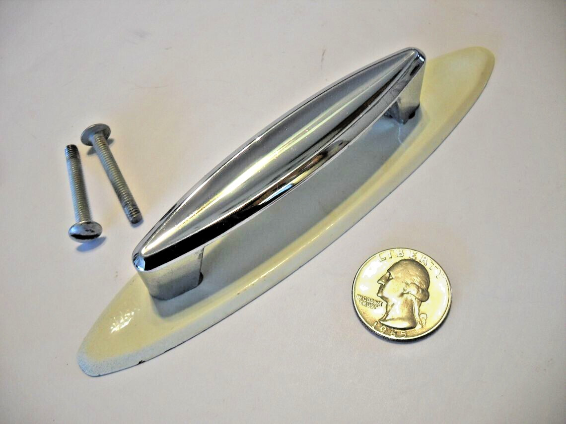 Vintage Chrome Concave Drawer Pull Cabinet Door Handle w White Backplate Ajax