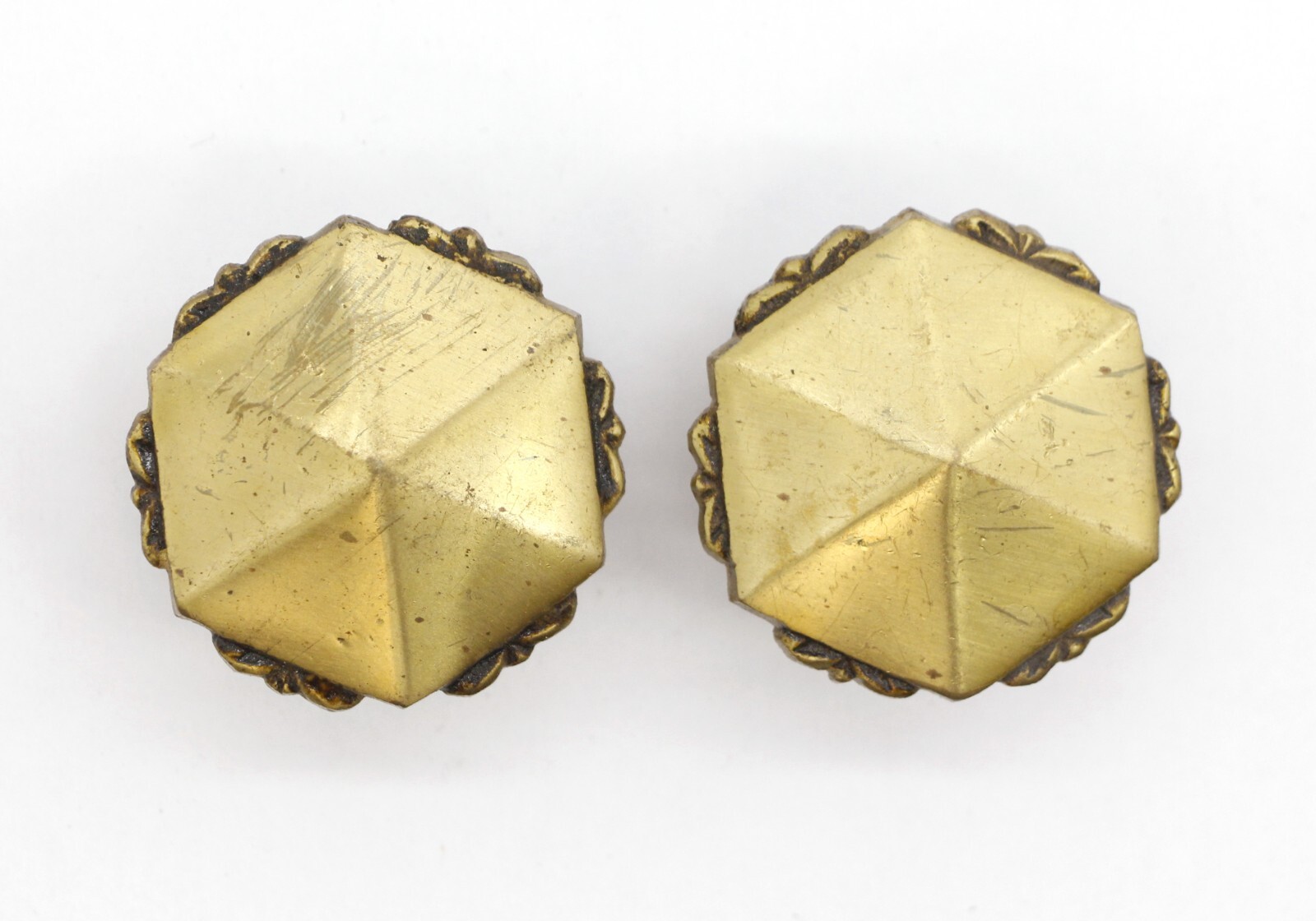 Pair of Vintage 2 in. Hexagon Scalloped Brass Cabinet Drawer Knobs