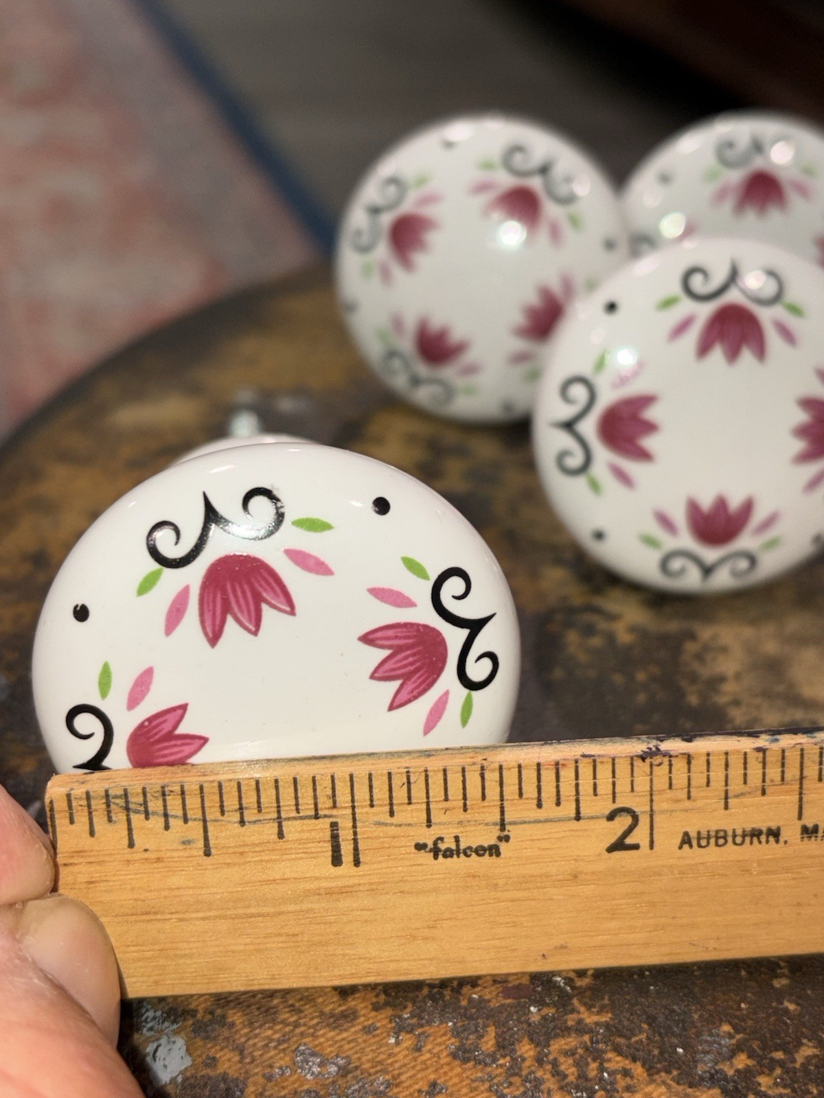 Vintage 1.5” Porcelain White Floral Painted Drawer Pulls Cabinet Knobs Lot Of 10