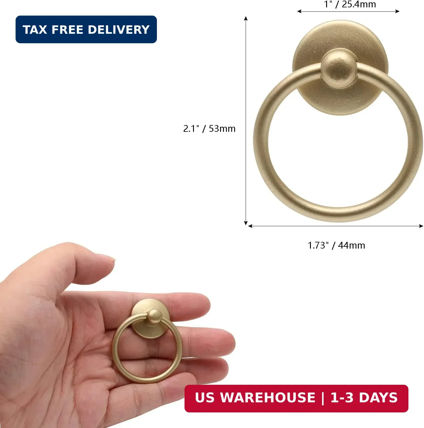 5Pcs Gold Ring Drawer Pulls, Brass Cabinet Ring Handles Drop Knobs Single Hole D