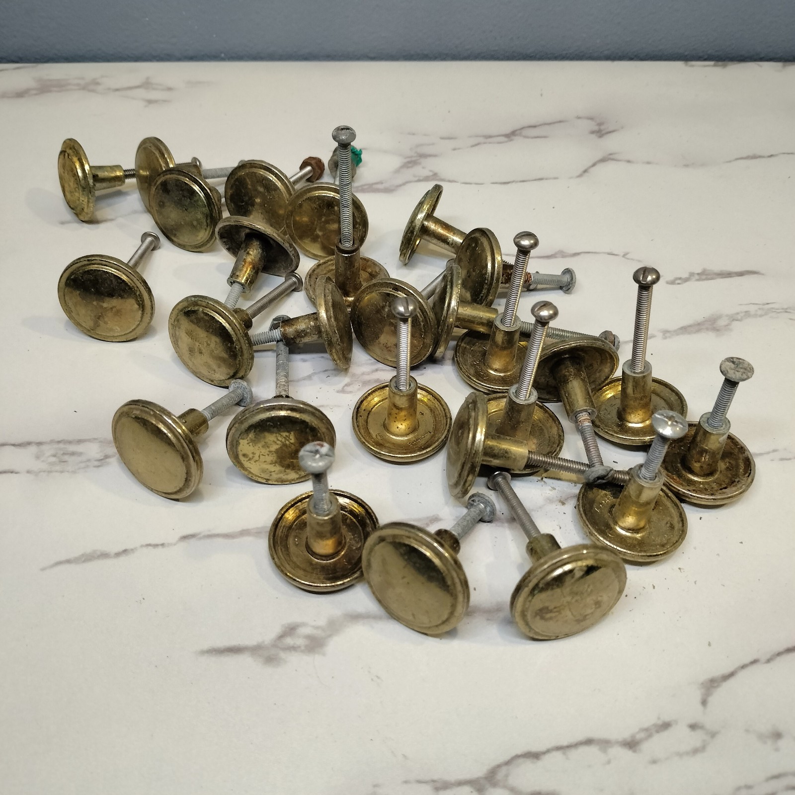 Antique style Brass Round Top Button Style Door/Drawer Knob Pulls Lot Of 27 USED