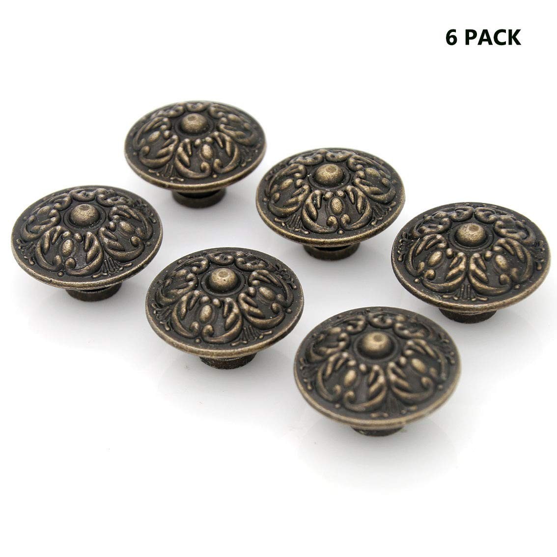 LXZ 6 PCs Vintage Antique Brass Knobs Handles Pulls with Flower Pattern for Cabi