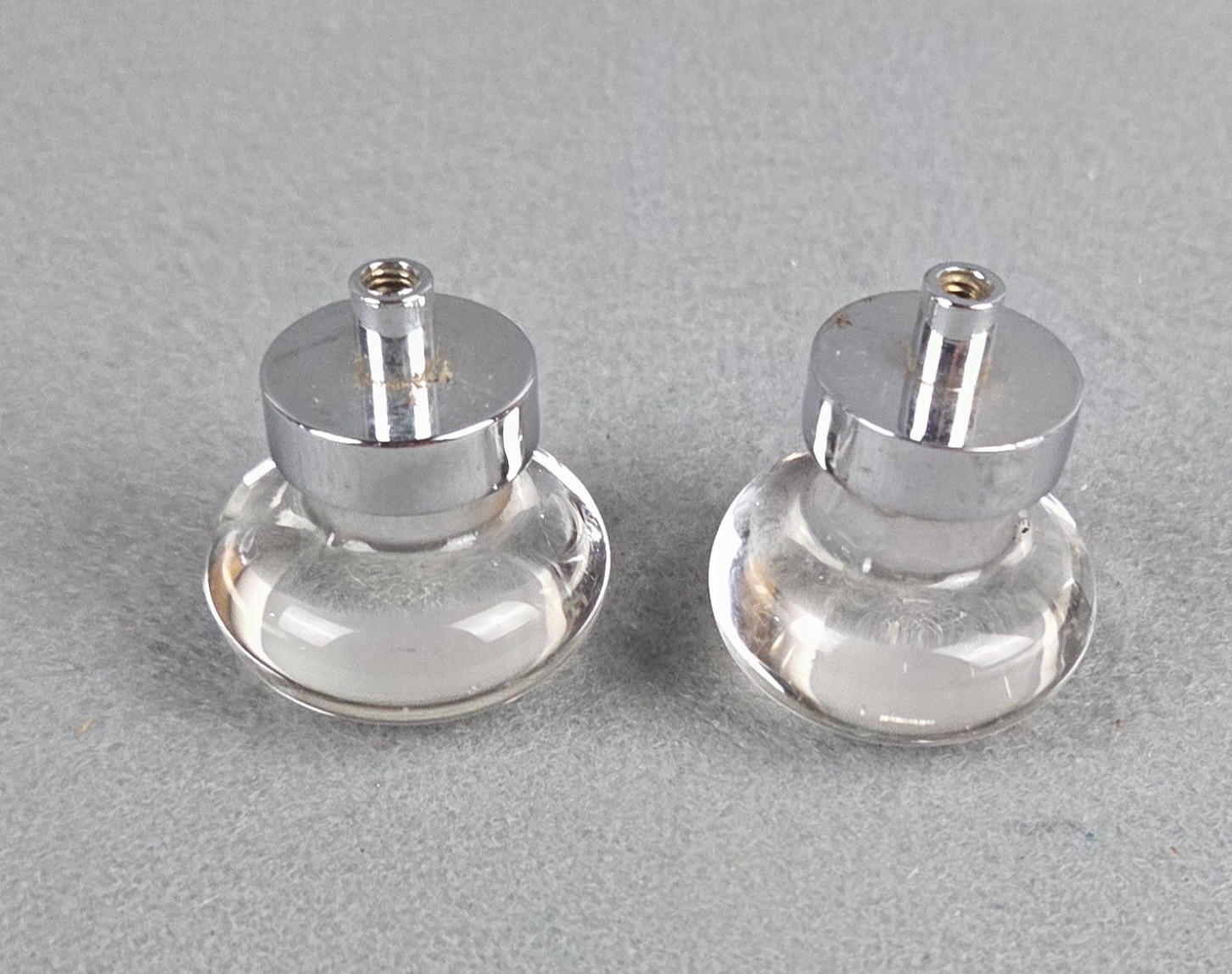 2 Vintage Round Clear Glass with Chrome Draw Pull Knobs No Hardware Knobs Only