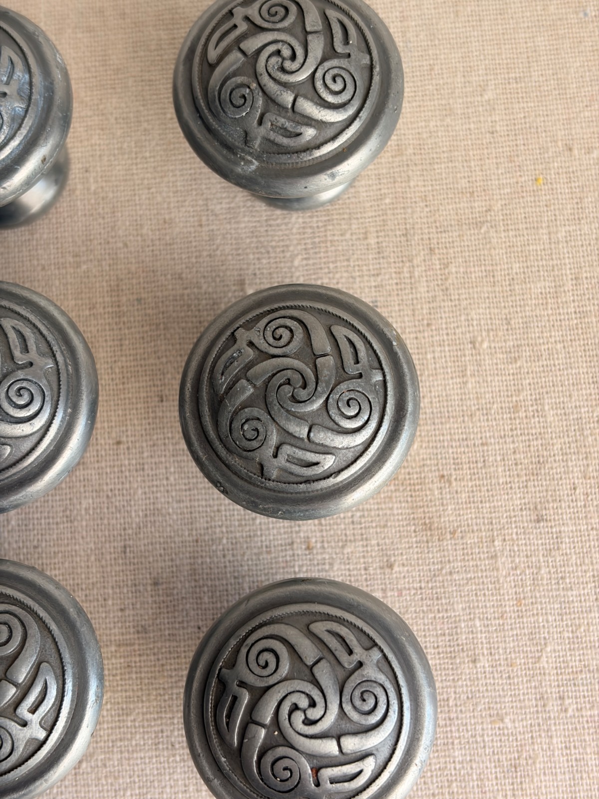 Set of 6 Celtic Triskele Drawer or Cabinet Pulls Lindisfarne Spiral Pewter Finis