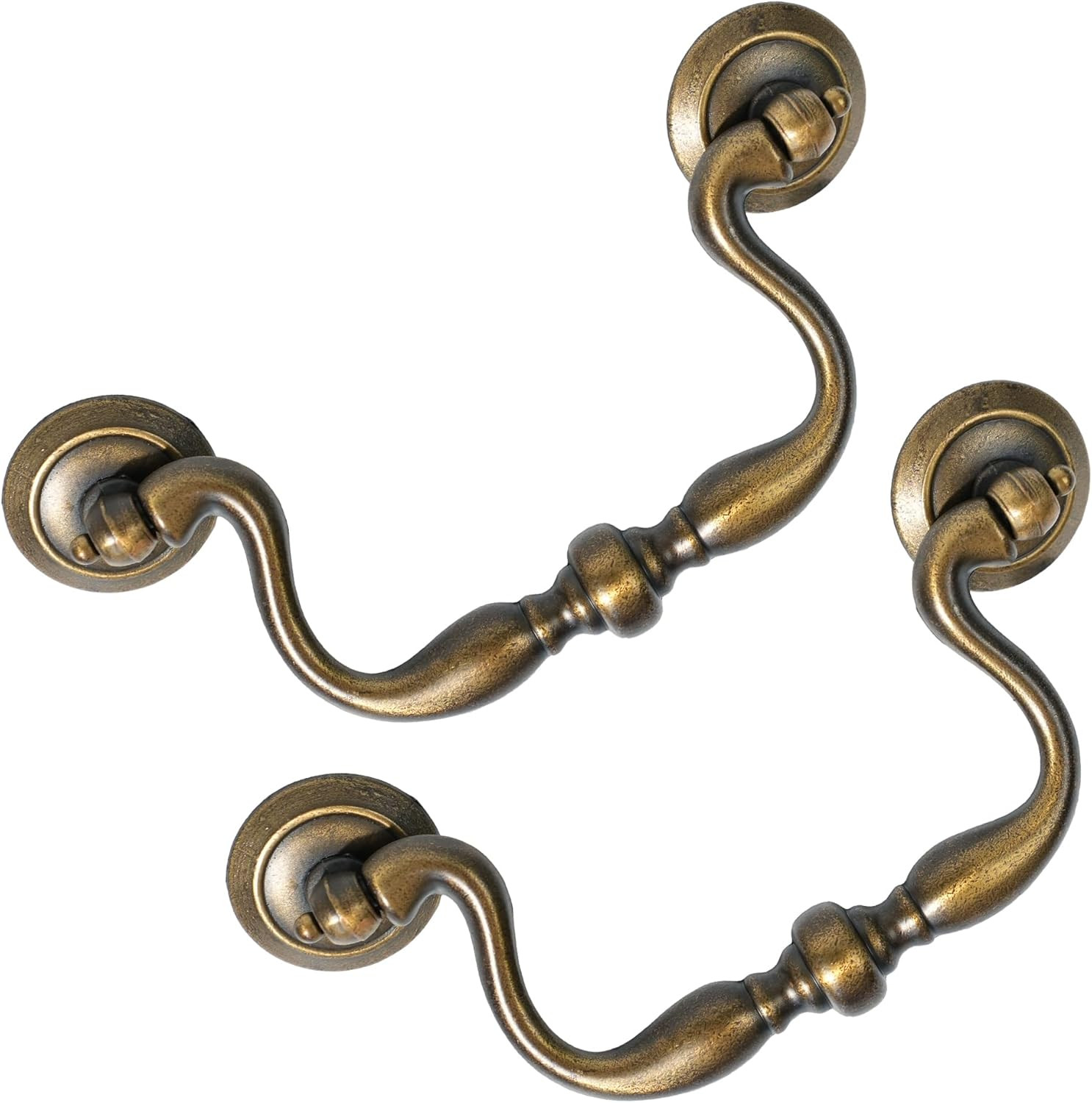 Antique Brass Drop Bail Drawer Pulls 4 Pack, 4 Inch Hole Center, Vintage Cabinet
