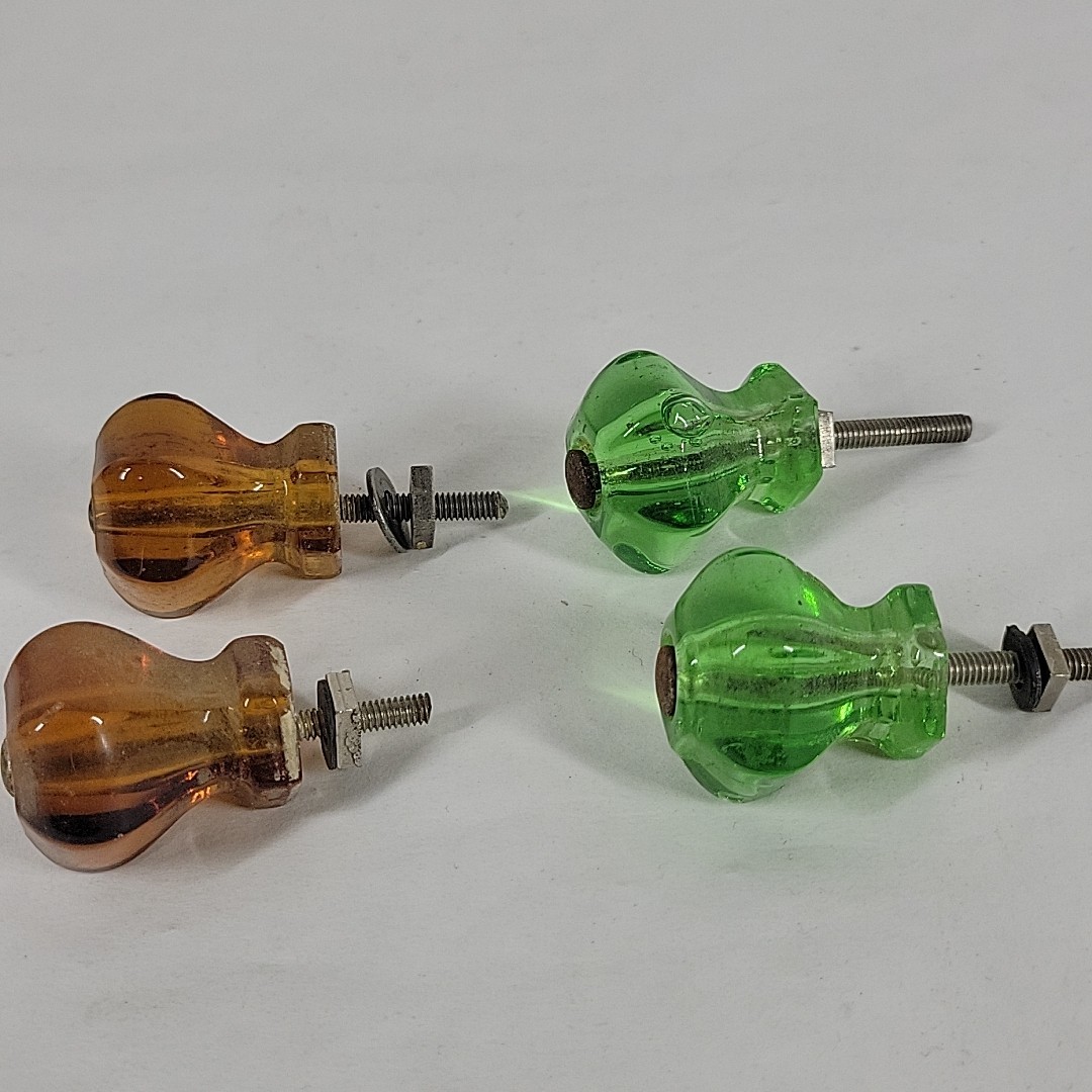 Antique Glass Green & Amber Drawer Pulls / Knobs Lot of 4