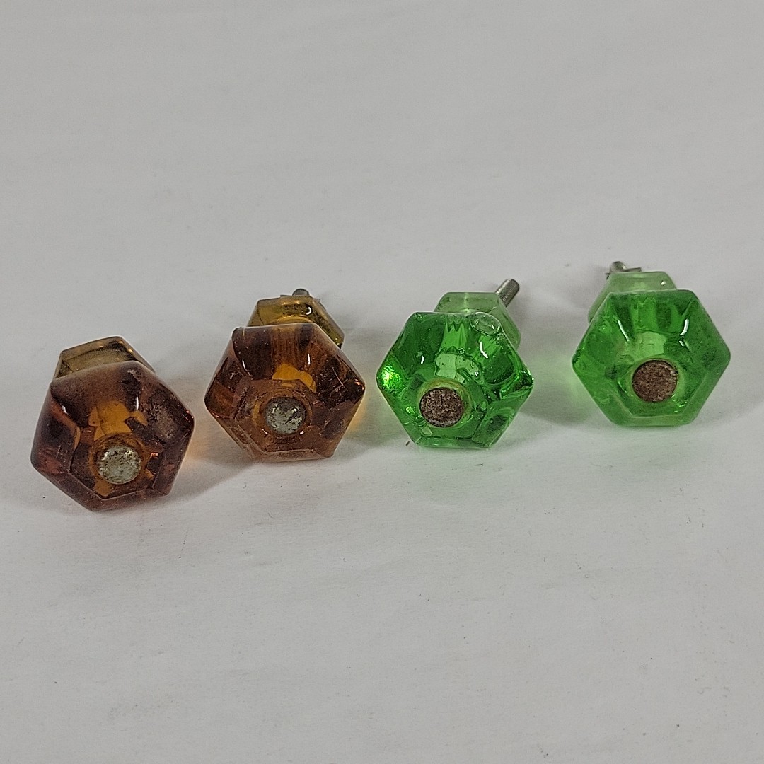 Antique Glass Green & Amber Drawer Pulls / Knobs Lot of 4