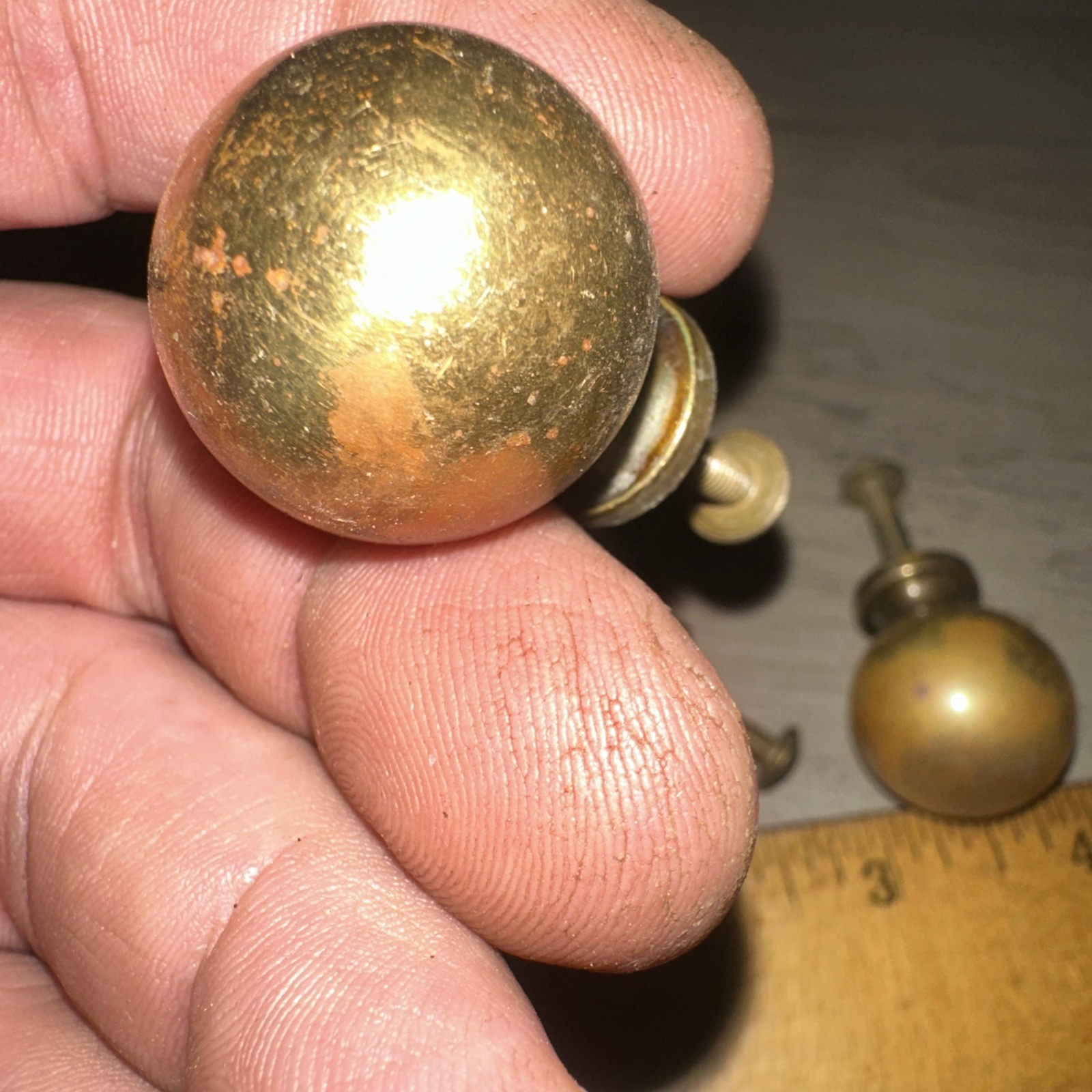 4 Solid Brass Drawer Pulls Round Cannon Ball Style Nice Patina! #3