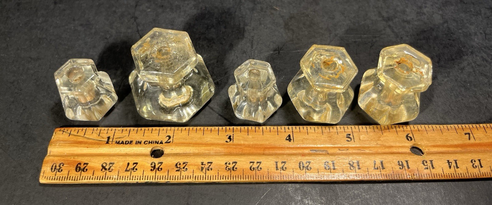 5 Vintage Hexagon Glass Drawer Knob Pulls Two Pairs & One Single
