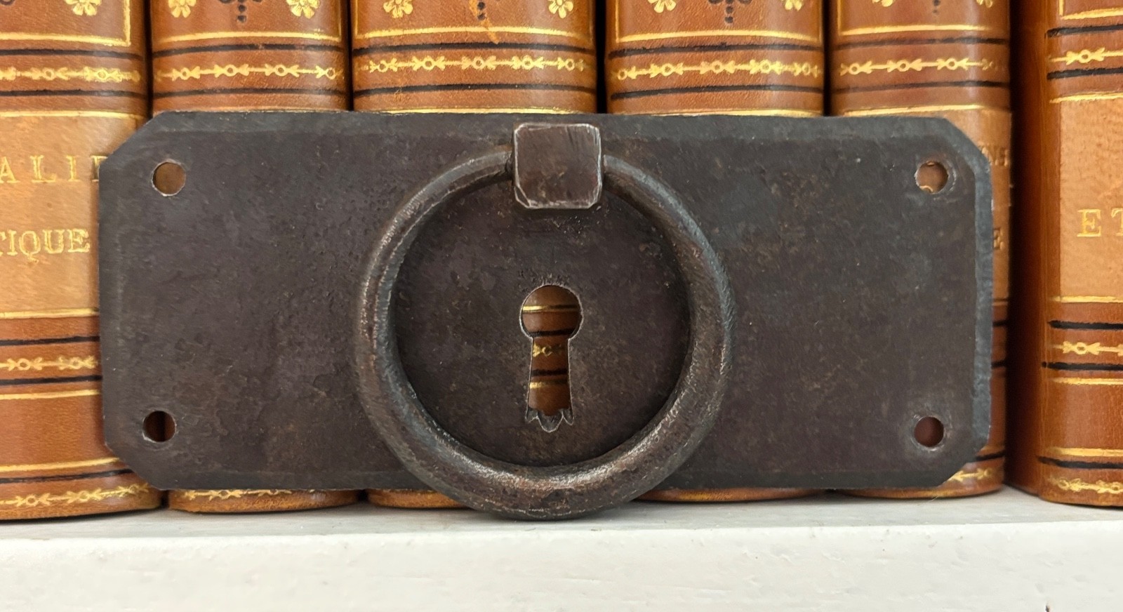 Vintage French Drawer Metal Hardware Drop Ring Pull Keyhole Cover Plate Salvage