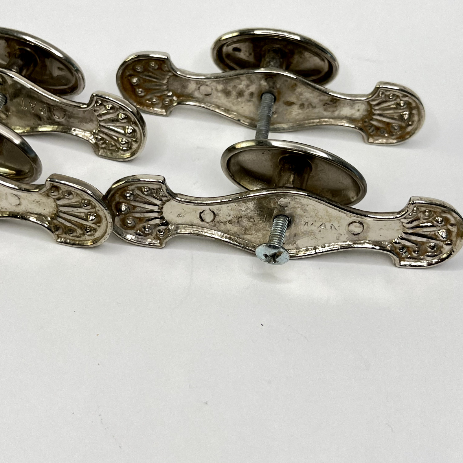 Four Vintage Drawer Pulls Handles Lot of Oval Knobs brushed nickel plate C