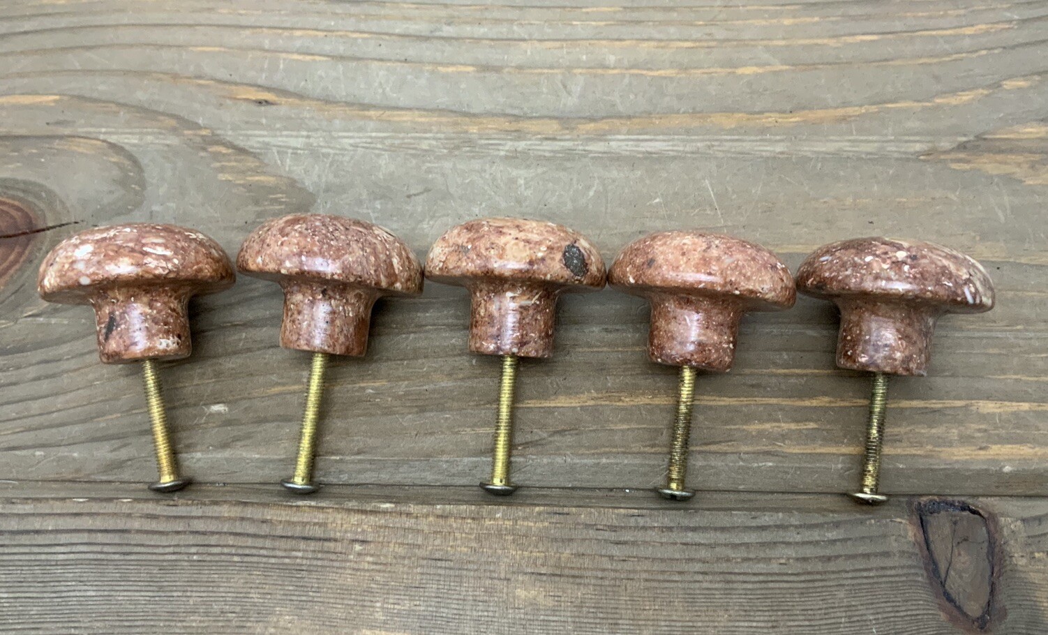 (5) Mushroom Shaped Red Marble Knobs Pulls with Screws Beautiful, Excellent
