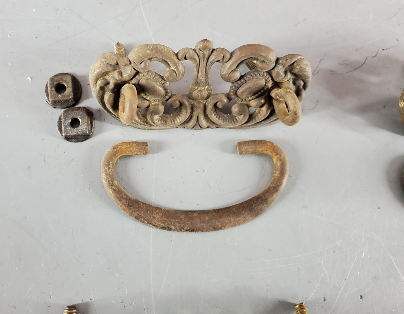 VICTORIAN BRASS DRESSER DROP PULL HANDLES SET LOT 6 ANTIQUE ORNATE DRAWER 1920’s