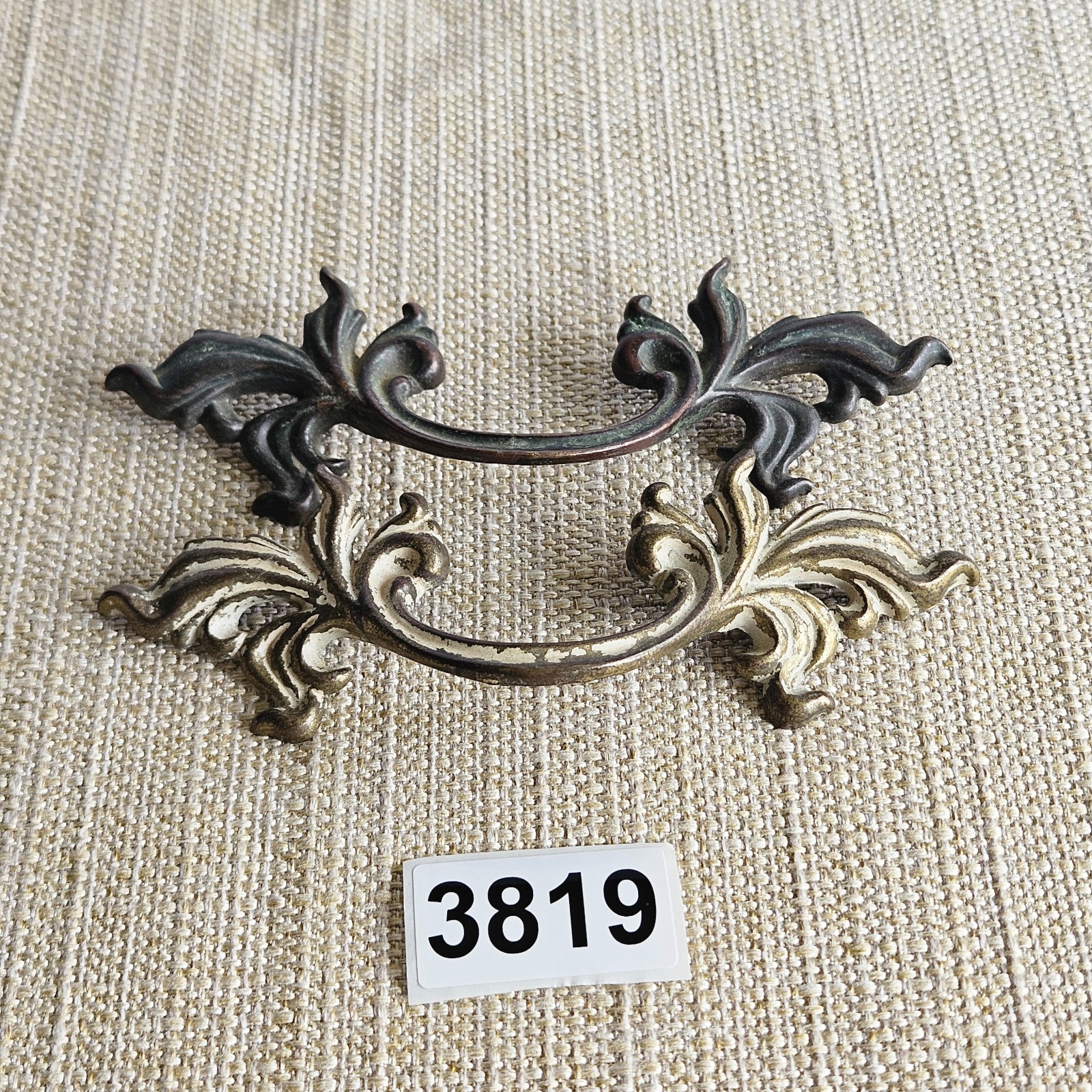 French Provincial Bail Drop Drawer Pulls Pair Antique Brass Patina Ornate M1676