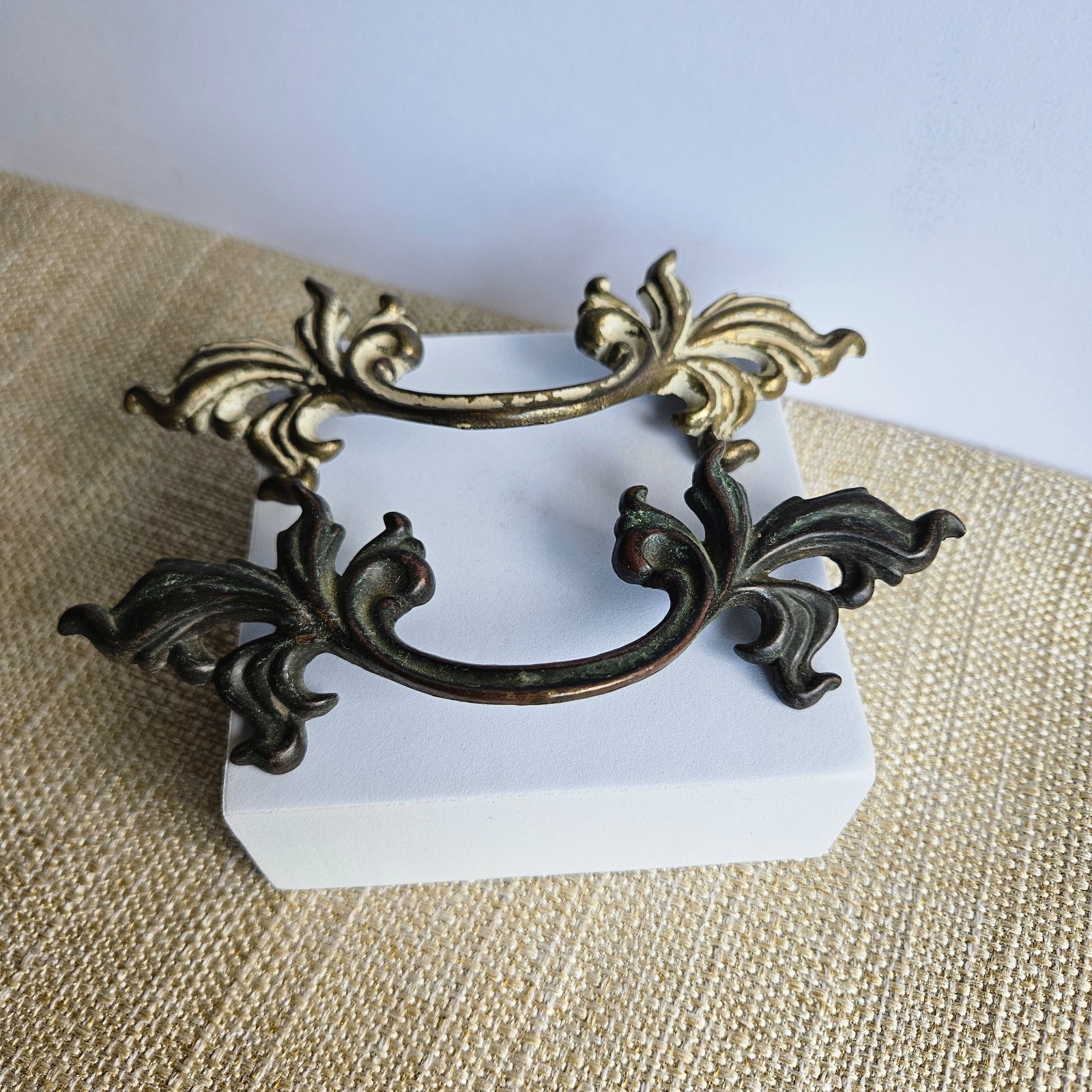 French Provincial Bail Drop Drawer Pulls Pair Antique Brass Patina Ornate M1676