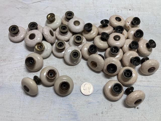 Lot of 35 Vintage Antique most speckled Solid porcelain brass drawer pull Knobs