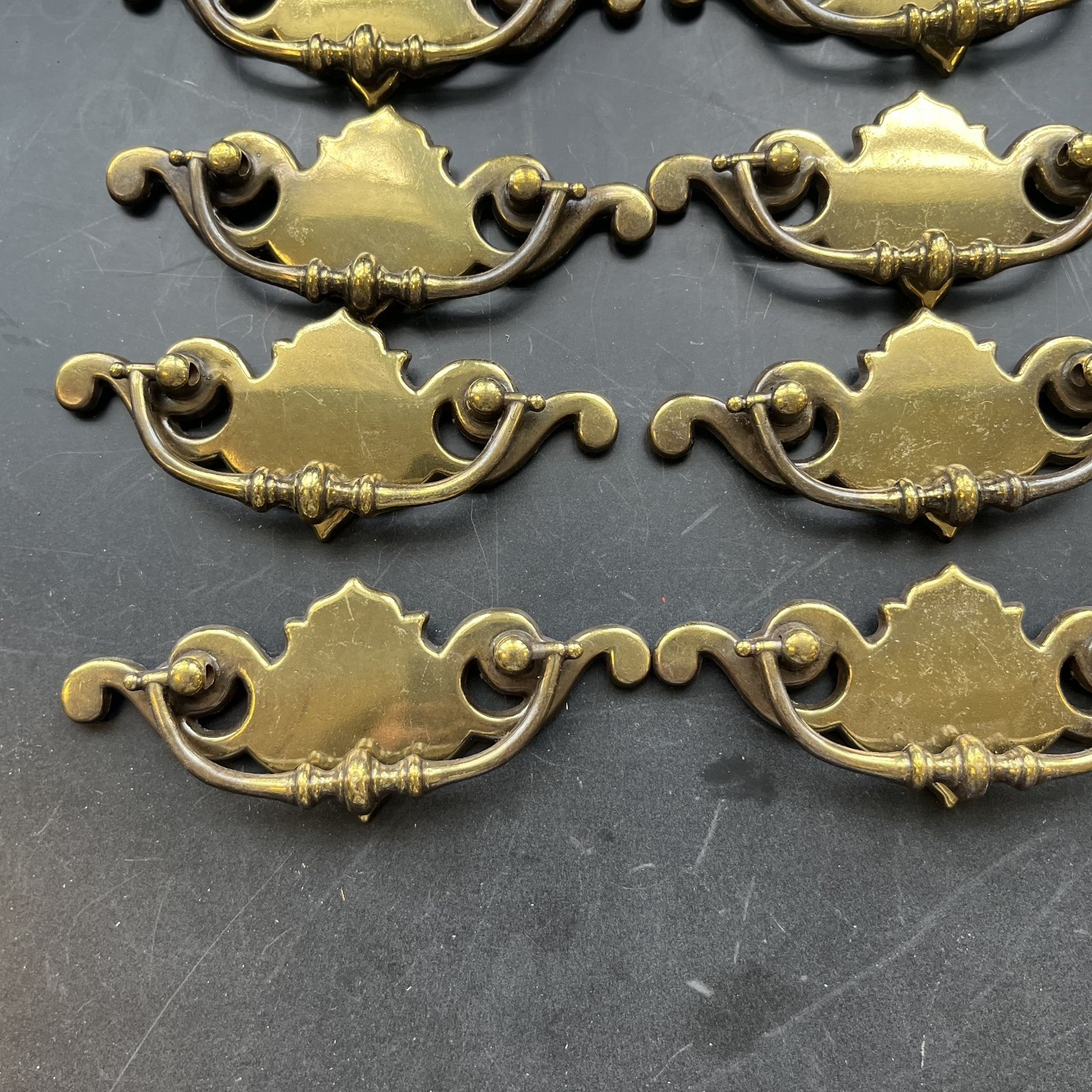 Lot of 12 Chippendale Batwing Brass Drawer Pulls with Handles Attached Salvaged