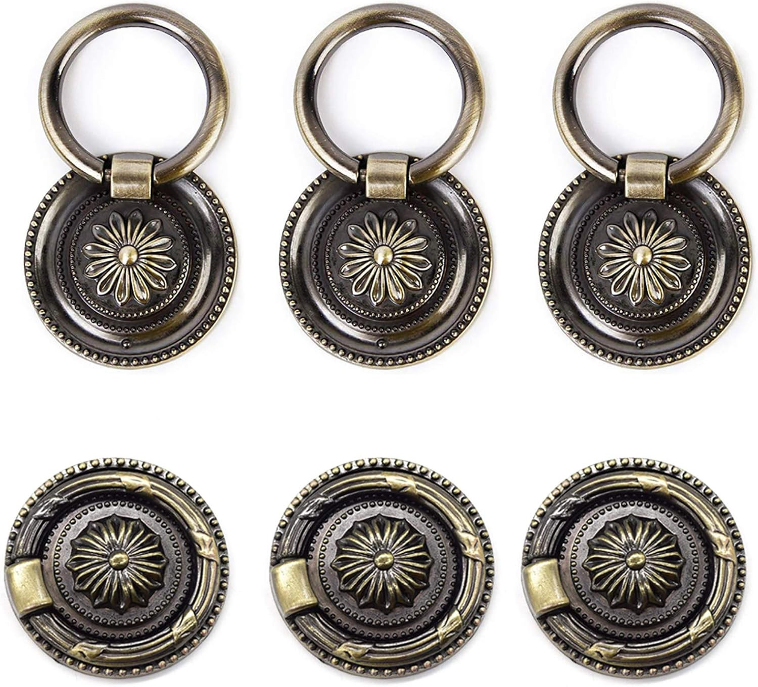 6 Pack Antique Bronze Drawer Ring Pulls 1.77″ Cabinet Dresser Knob Handles