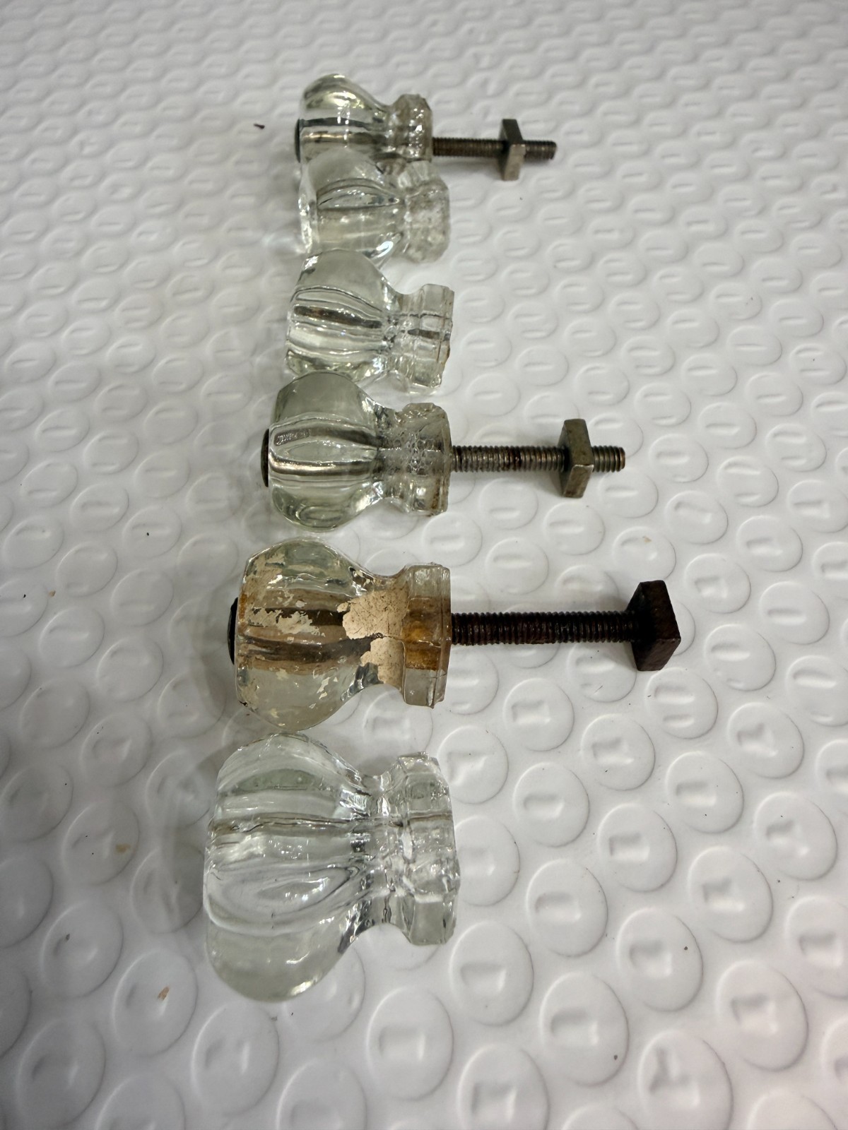 6 small Vintage Clear Glass Cabinet Pulls Knobs Antique Hexagon