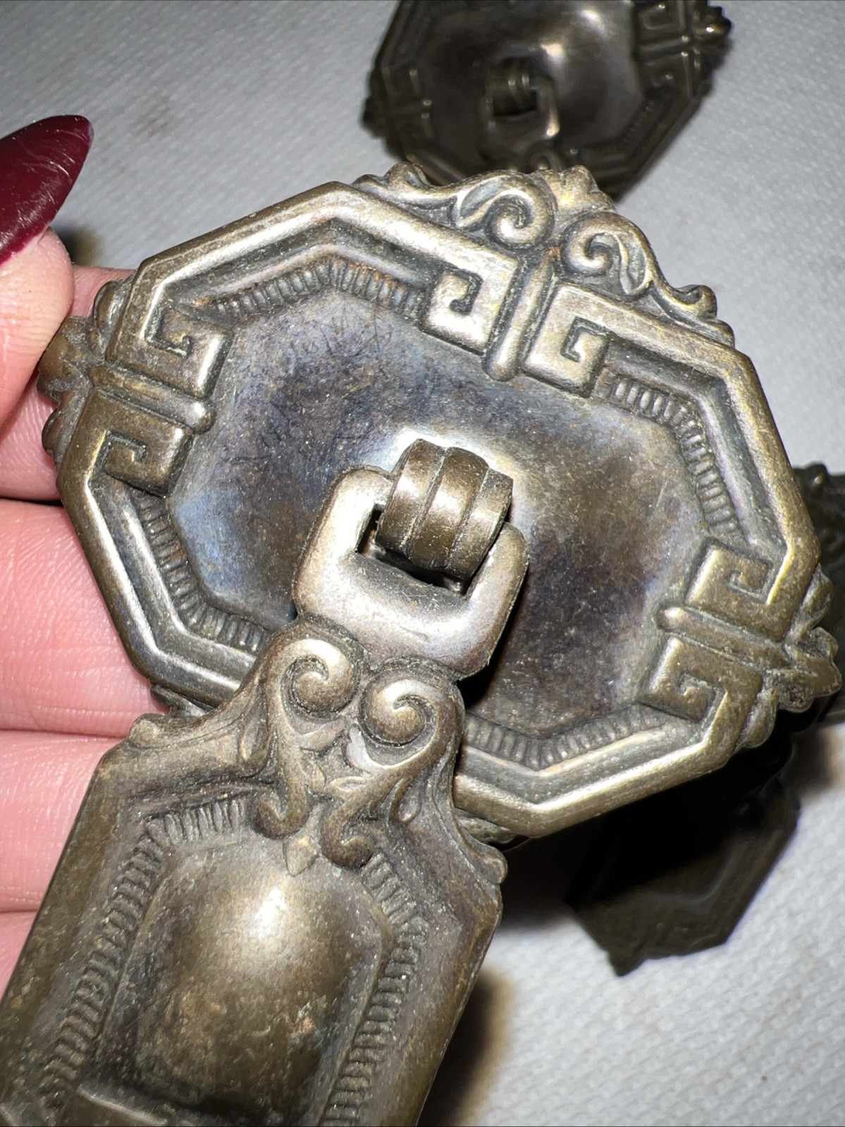 4 VTG Brass Drawer Pulls Set Greek Key Art Deco Revival Cabinet Hardware