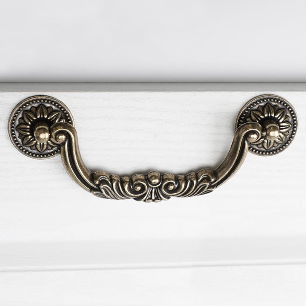 6PCS Antique Bronze Drop Bail Pulls,Vintage Carved Cabinet Pulls Handles,5.0″ Ho