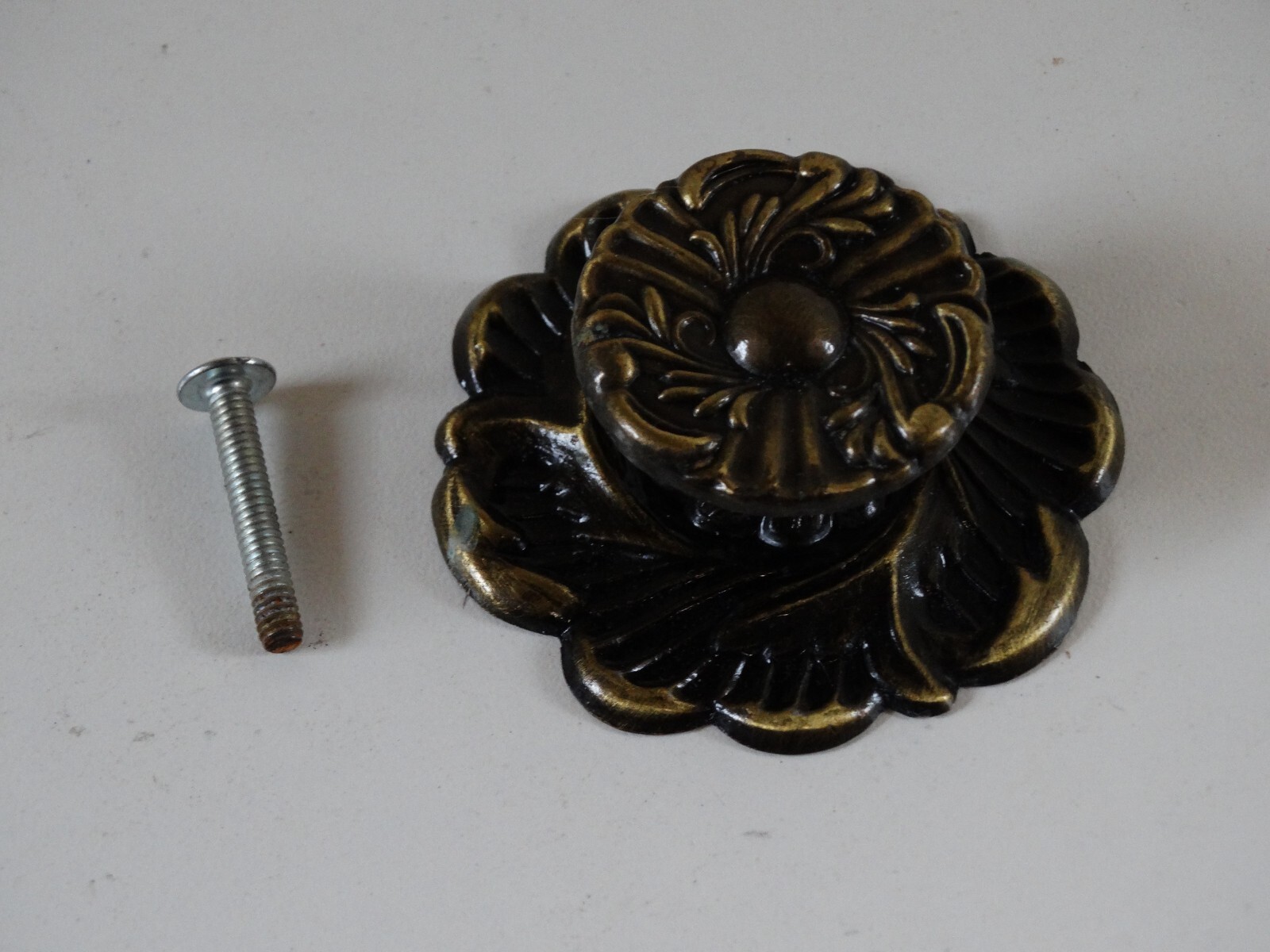 Antique Two Piece Round Brass Drawer Cabinet Pull Knob and bottom Plate