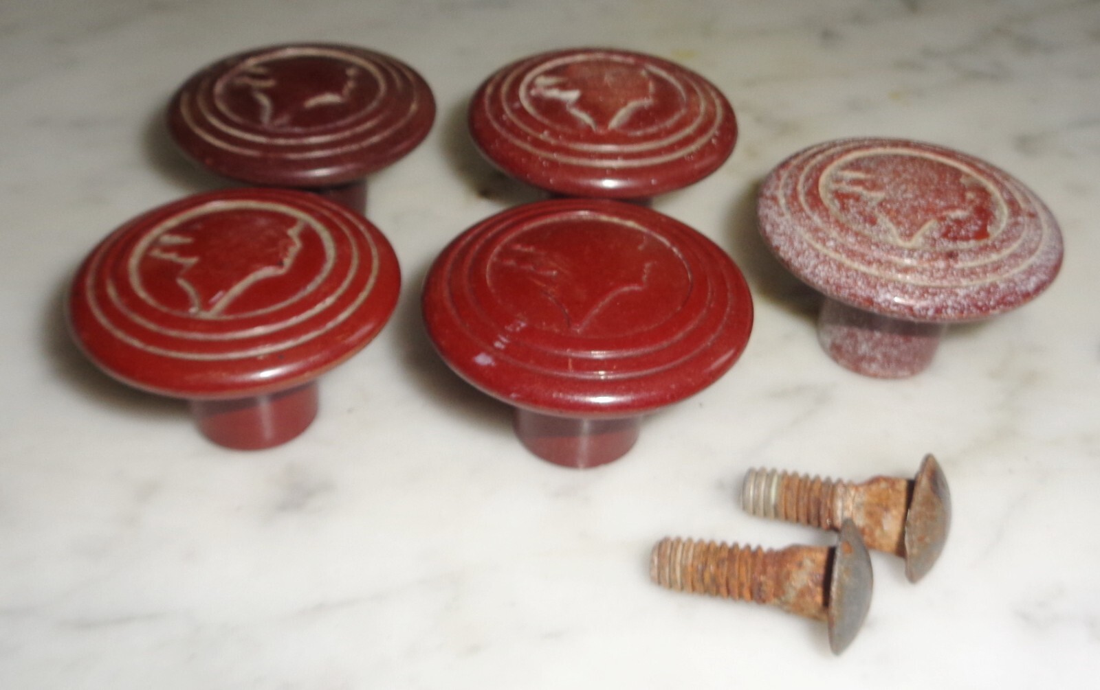 Mercury Head Winged God Man Maroon 1 1/2 inch Knob Cap Pulls, Set of 5