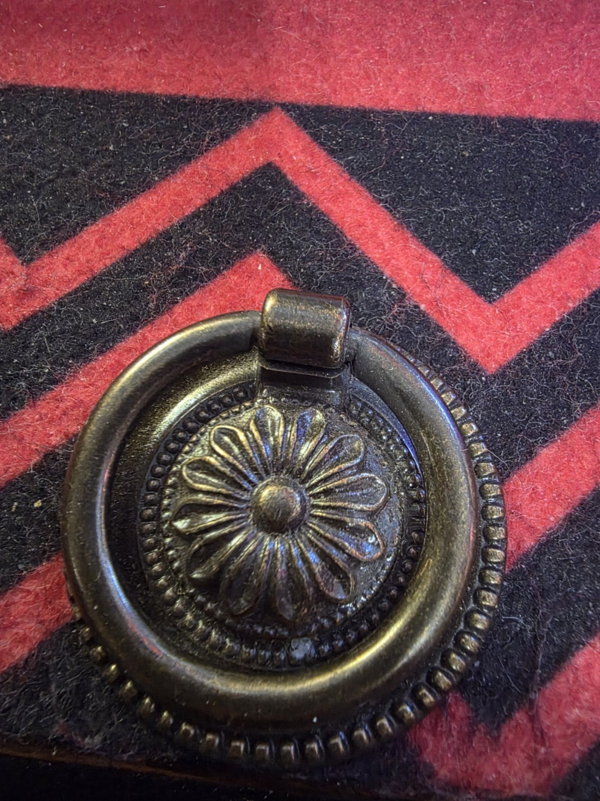 Solid Cast Brass 1850s Floral Drop Ring Pull Handle Flower 1-1/4″ Round Antique