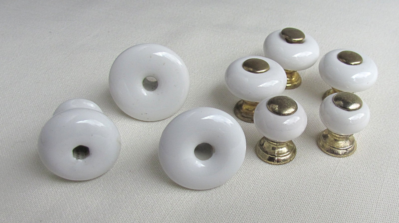 Vintage Mixed Lot of 8 White Porcelain Drawer Pulls Knobs 5 w/ Gold Inserts
