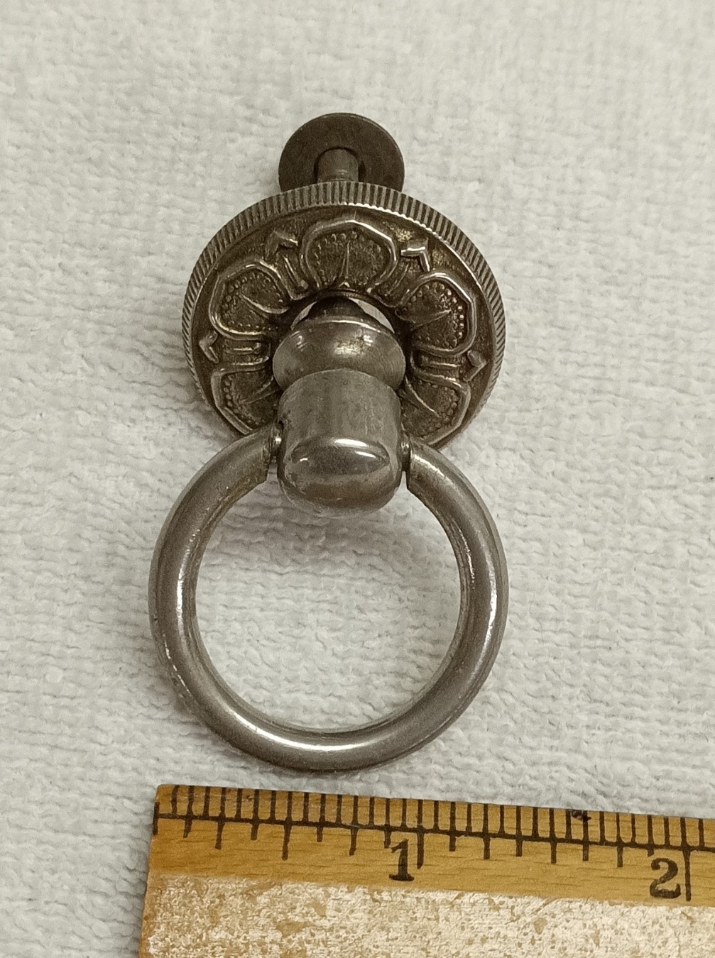 ANTIQUE HEAVY NICKLE PLATED BRASS DROP RING DRAWER,DESK,BIN ,DOOR PULL 1 1/4 IN