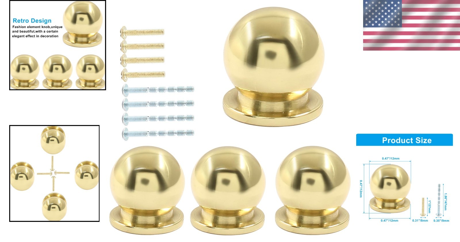 4 Pack Mini Round Brass Knobs – Polished Gold 1/2 Inch Drawer Pulls
